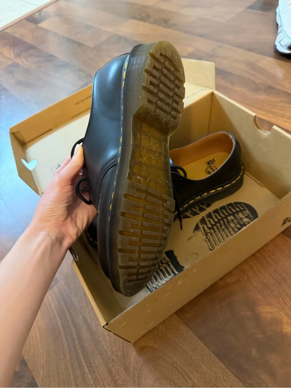 Dr. Martens Black Leather 3-Eye Derby Shoes with Yellow Stitching